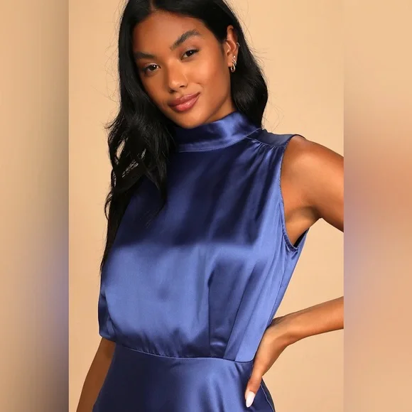 New Lulus Classic Elegance Blue Satin Sleeveless Mock Neck Maxi Dress Size 2X - Picture 4 of 4